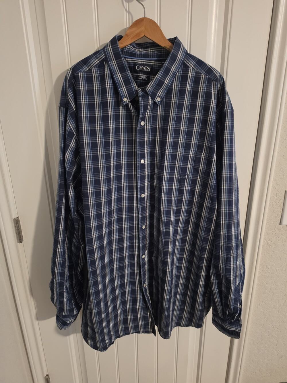 Chaps Mens 3XLT Button Down Shirt Blue Plaid Stretch Long Sleeve Big Tall 3XL
